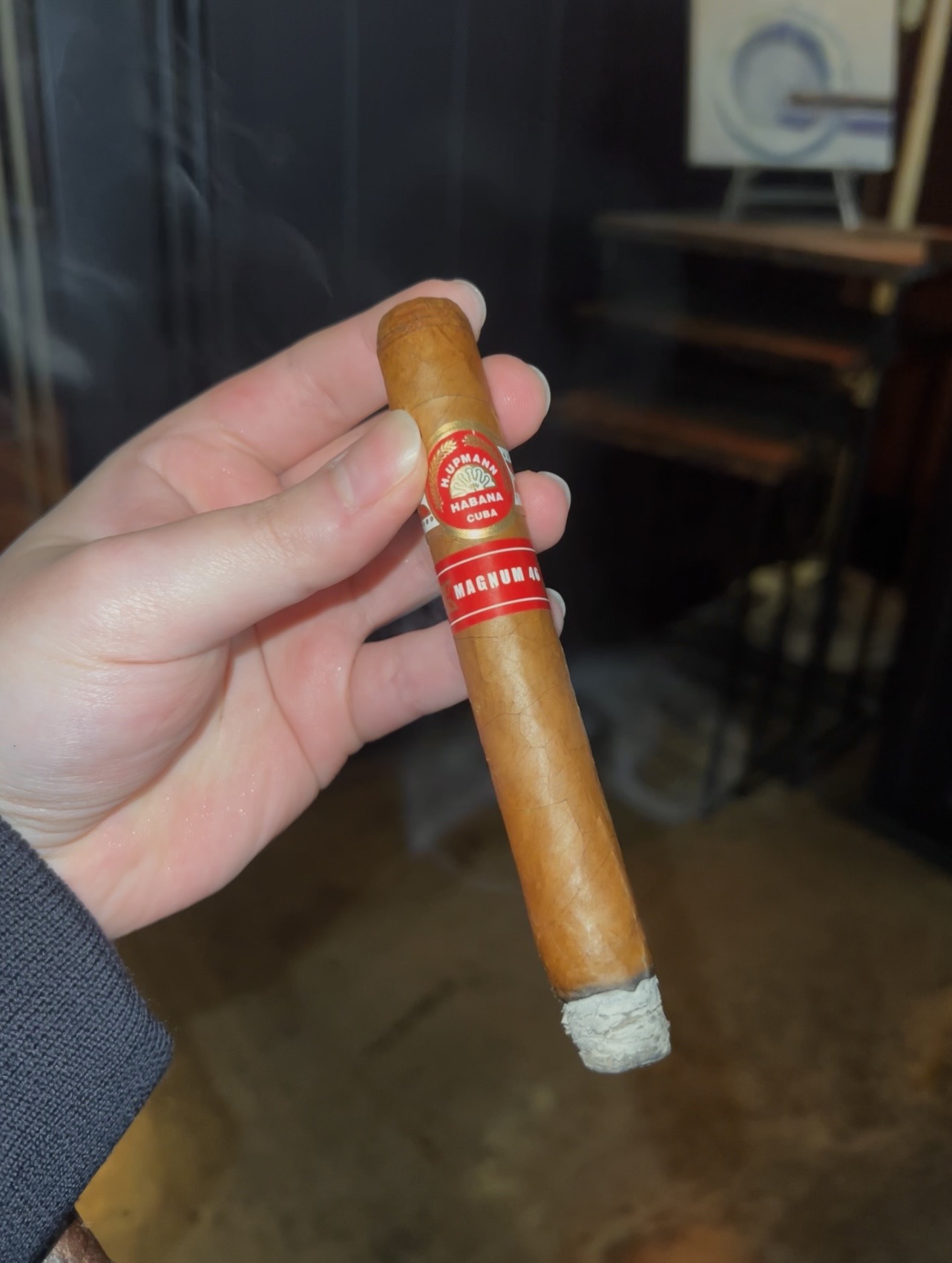 An H. Upmann Magnum 46 cigar held in hand, showing its red and gold bands and ash